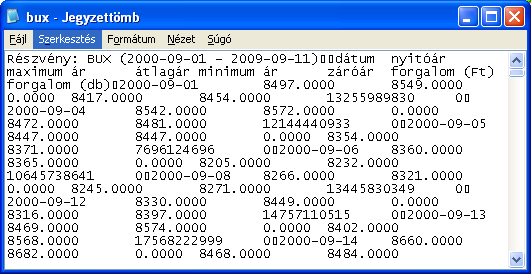 A MSCI index adatfájlok szöveges formátumúak. A Windows jegyzettömbjében megnyitva értelmes információt kell látni.
